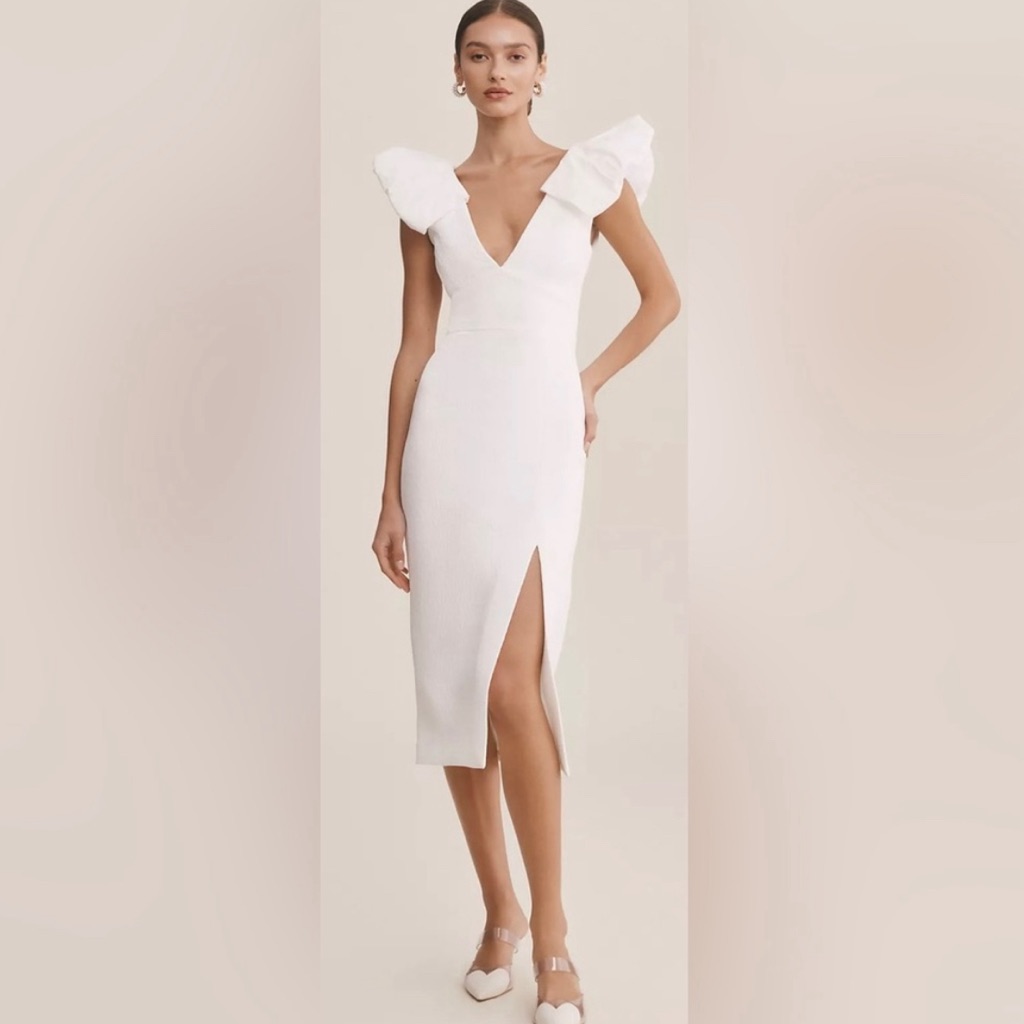 Rebecca Vallance Puff-Sleeve V-Neck Midi Dress - New Size 10
